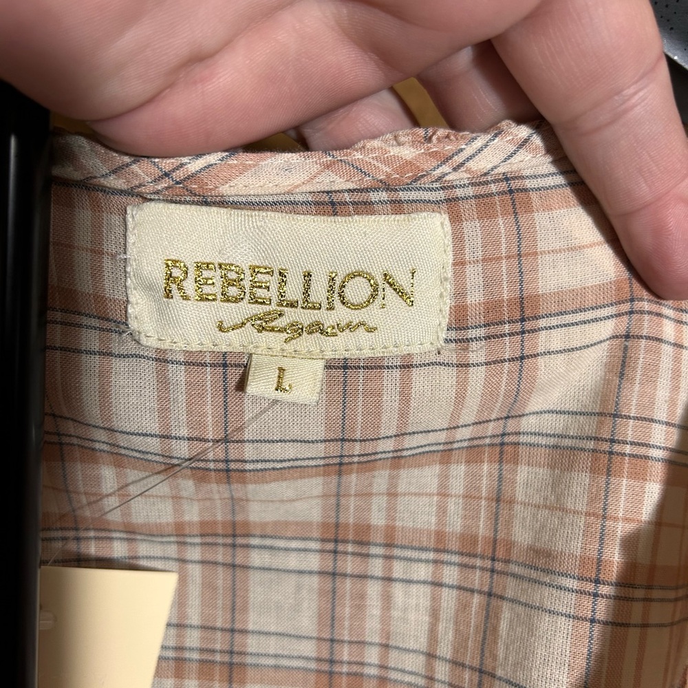 Rebellion Peach Plaid Ruffle Tie-Front Blouse - Picture 4 of 6